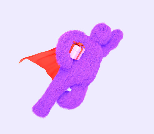 超级英雄雪人在红色斗篷与礼盒3d渲染。飞天快递包裹快递英雄。卡通有趣的毛茸茸的怪物与奖金或礼品从商店。快速运输概念图片下载