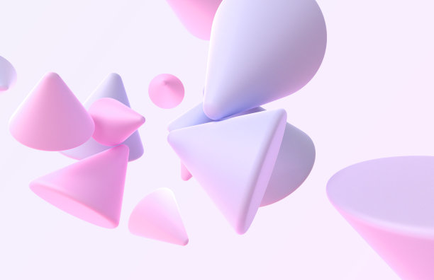 3D背景与亚光几何形状。飞行锥，三角形或金字塔与渐变纹理，在柔和的颜色，数字设计元素，未来的网页横幅抽象的数字图片下载