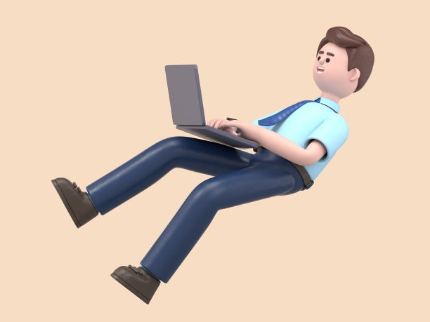 微笑的亚洲人菲利克斯的3D插图与笔记本电脑在空中飞行。卡通降落放松商人，自由职业者使用社交网络，在线工作。工作场所的概念。图片下载