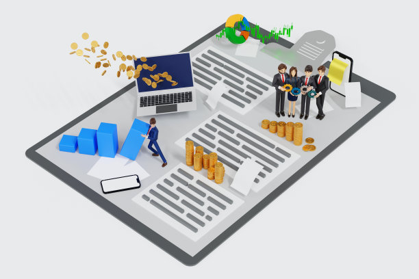 商务活动在纸剪贴板上，商人管理金钱用图表和数据信息，3D渲染。图片下载