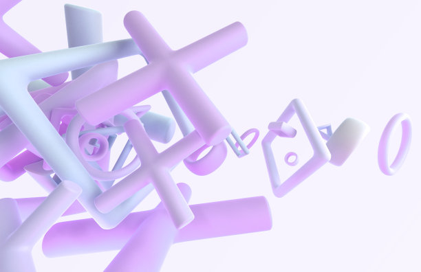 抽象背景与亚光几何形状3d渲染。飞行十字架，戒指，正方形，圆形和圆柱体渐变纹理柔和的颜色，设计元素，网页横幅图片下载