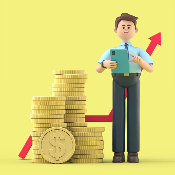 微笑的亚洲男子菲利克斯手持平板电脑，站在一大堆金币和上升箭头图旁边的3D插图。卡通商人，成功的投资者。图片下载