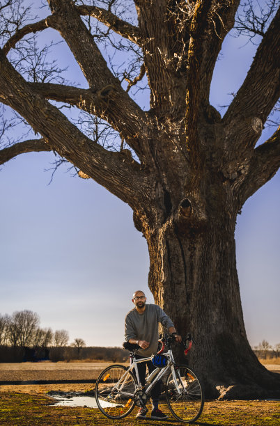 初春，美国中西部一棵大橡树旁，一名印第安男性骑自行车者的垂直照片图片下载