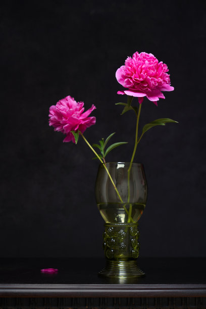 静物与两个粉红色的牡丹花在古董玻璃高脚杯图片下载