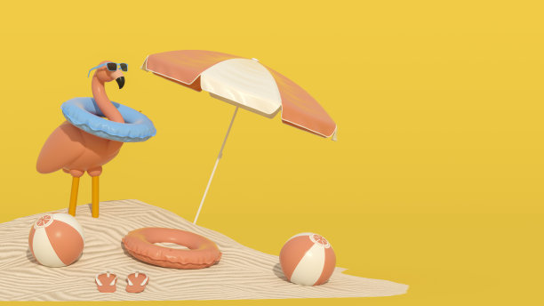 充气火烈鸟与太阳镜和游泳环在岛上，黄色背景最小的夏季旅游假期背景图片下载