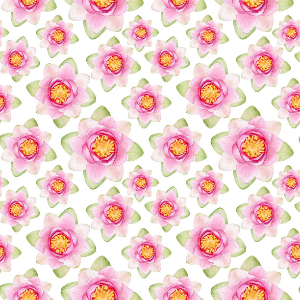 粉红色的荷花和叶子。白色背景上的水彩无缝图案。中国睡莲。适用于织物、包装纸、剪贴簿、墙纸等物品。图片下载