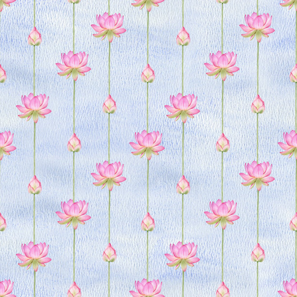 粉红色的荷花和叶子。水彩无缝图案上的蓝色水彩背景。中国睡莲。适用于织物、包装纸、剪贴簿、墙纸等物品。图片下载