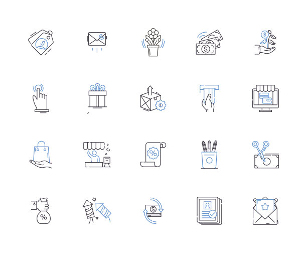 商场轮廓图标集合。购物，商场，商店，商店，中心，复杂，出口矢量和插图概念集。商场、商场、商场线性标志图片下载