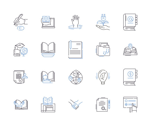 留学交流项目纲要图标收藏。交流，项目，学习，海外，全球，教育，文化矢量和插图概念集。签证，沉浸，语言线性符号图片下载