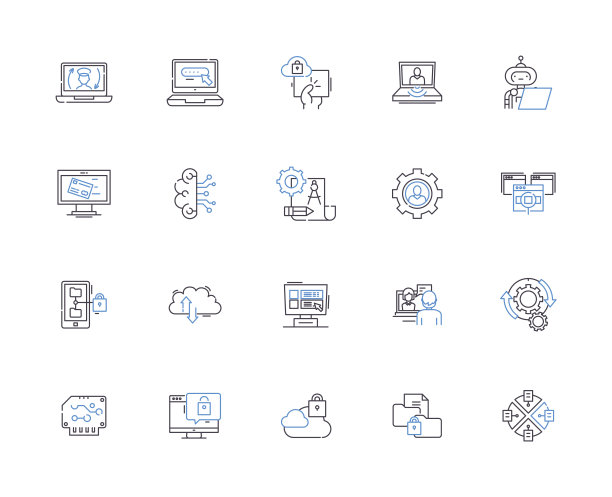 服务器轮廓图标集合。服务器，主机，服务器，web服务器，数据库，DNS，虚拟矢量和插图概念集。机架，云，Linux线性标志图片下载