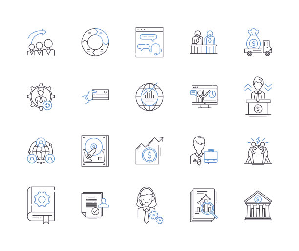 股票和债券概述图标收集。股票，债券，投资，证券，股权，债务，市场矢量和插图概念集。交易所、交易、经纪人线性标志图片下载