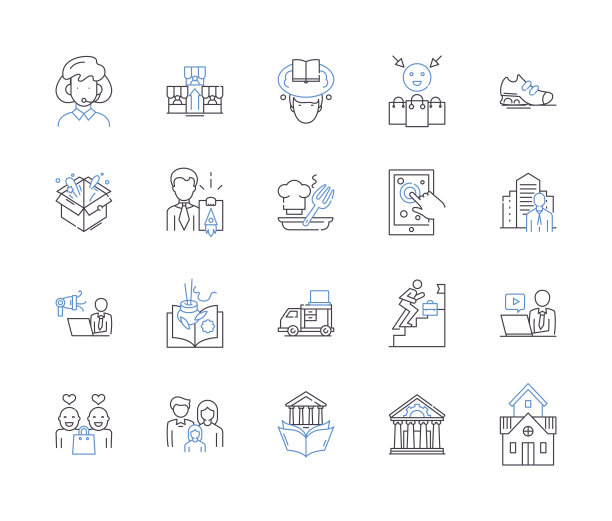 都市生活方式轮廓图标集合。城市，生活方式，城市，大都市，生活，高层，摩天大楼矢量和插图概念集。交通，通勤，多样性线性标志图片下载