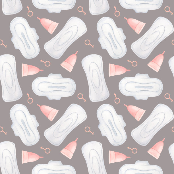 无缝模式的月经垫和月经杯在灰色背景。女性私密卫生用品包装。女性个人卫生用品。水彩插图。图片下载