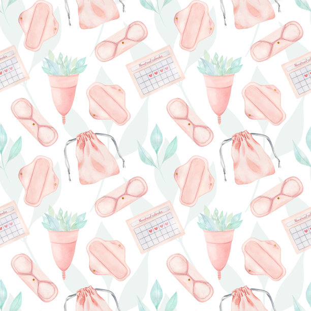 可重复使用的卫生巾，日历和月经杯的无缝图案。女性私密卫生用品包装。零废物处理。水彩插图。图片下载