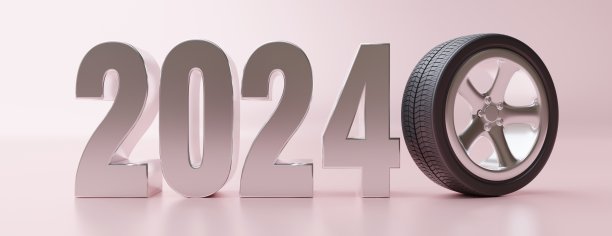 2024年新年平安，合金轮辋轮胎，粉红色背景紫色数字。横幅，3d渲染图片下载