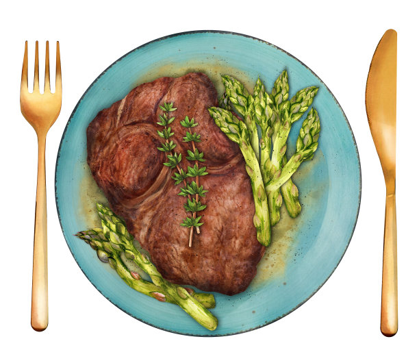 多汁牛排配绿芦笋。水彩插图图片下载