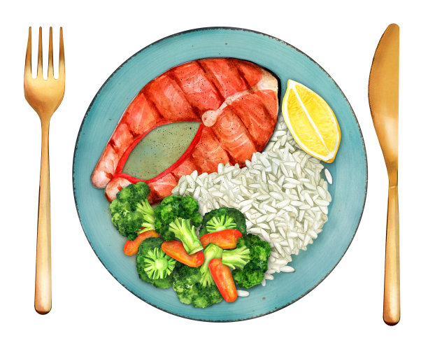 鲑鱼牛排配米饭，西兰花和胡萝卜。水彩插图图片下载