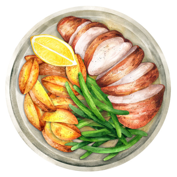 烤鸡排，烤土豆和四季豆。水彩插图图片下载