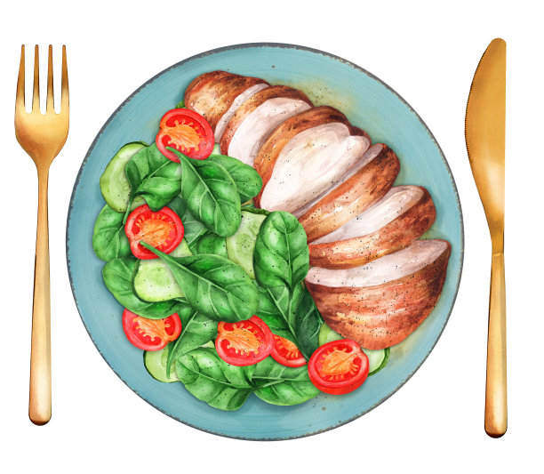 烤鸡柳和新鲜蔬菜沙拉。水彩插图图片下载