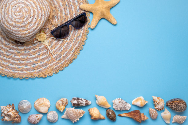 夏天和度假的公寓躺着女人草帽，太阳眼镜，海星和各种贝壳在蓝色背景的图片下边缘。图片下载