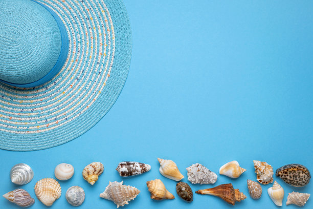 夏天和假期平躺着一个美丽的蓝色条纹女人草帽和各种贝壳在蓝色背景的图片下缘。图片下载