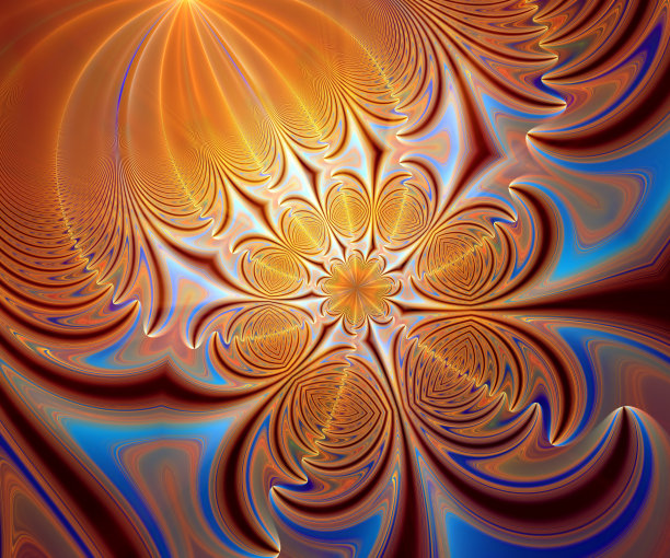 抽象的分形艺术背景的橙色和蓝色形状与之字形或拉链效果，这可能暗示柑橘类水果或花卉，或大理石画。图片下载