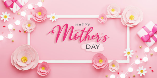 3 d渲染。母亲节快乐插画。矩形框架和粉红色的玫瑰花在粉红色的背景。图片下载