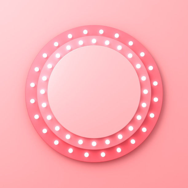 空白粉红色圆形标牌或圆形标牌与复古白色霓虹灯灯泡隔离在粉红色橙色柔和的墙壁背景与阴影最小的概念3D渲染图片下载