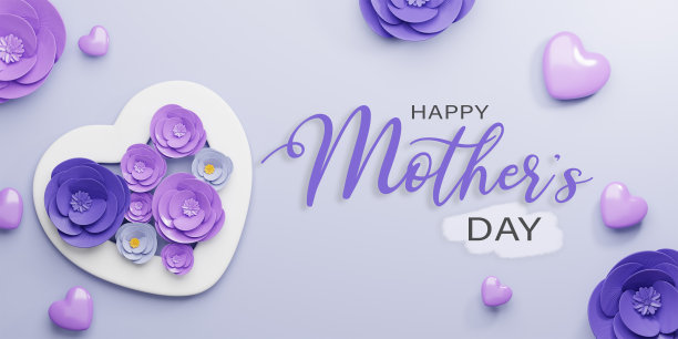 3 d渲染。母亲节快乐插画。紫色玫瑰花和心形在紫色的背景。图片下载