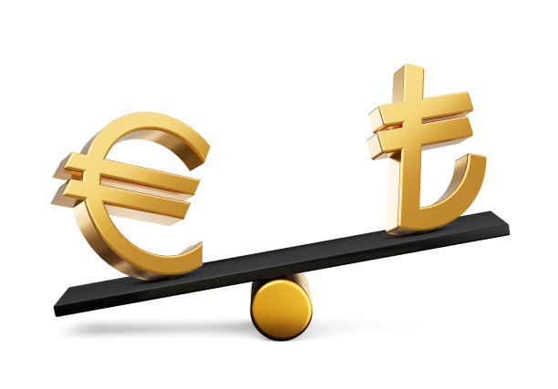 3d黄金欧元和里拉符号图标与3d黑色平衡重量跷跷板，3d插图图片下载
