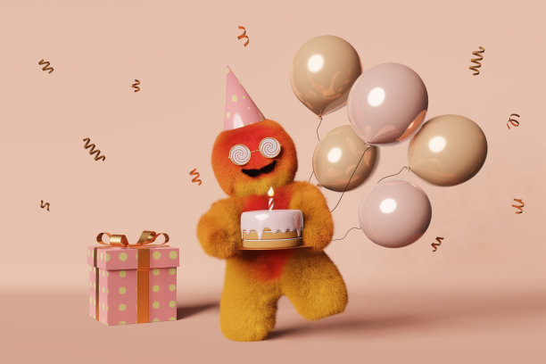 可爱的毛绒雪人礼盒闪闪发光的气球3d字符粉红色。积极的大脚蛋糕蜡烛公司一周年纪念。图片下载