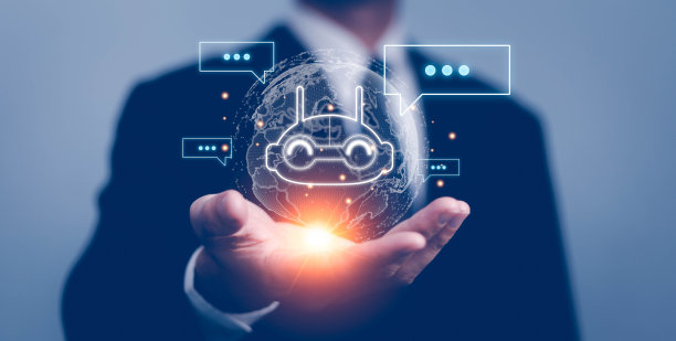 聊天机器人与人工智能聊天。人类使用人工智能技术智能机器人AI，人工智能通过输入命令提示符来生成一些东西，未来科技转型。图片下载