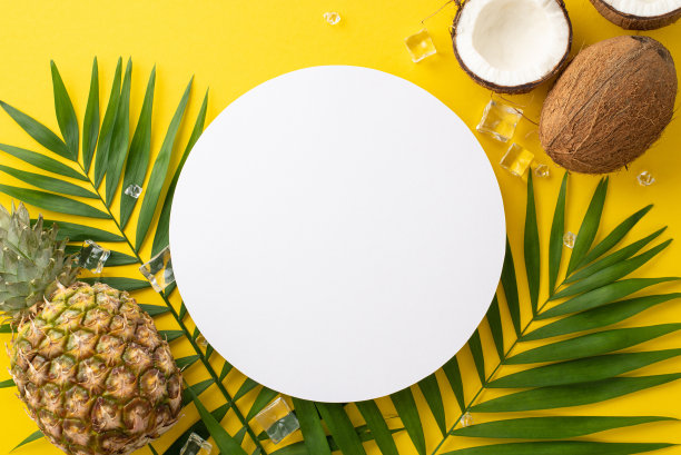 充满活力和丰富多彩的夏季平面照片以绿色棕榈叶，美味的菠萝和清爽的椰子在阳光明媚的黄色背景上的热带组合为特色，空白圆圈为文本图片下载