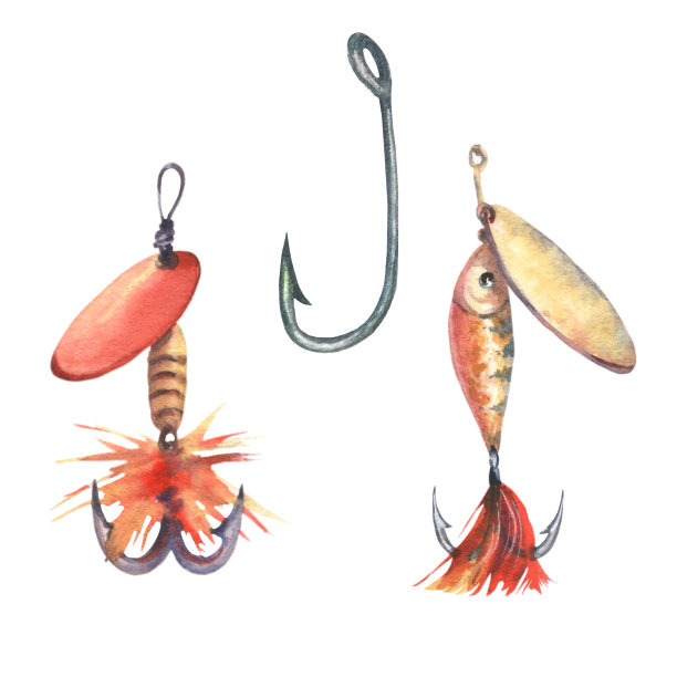 钓具、鱼钩及诱饵。白色背景水彩插图。为企业设计、包装钓具、明信片、专题团体图片下载