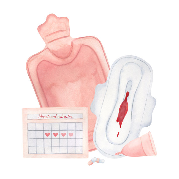 由一次性卫生巾、橡胶加热垫、月经杯、药丸和月经日历组成。女性卫生用品。月经。女性周期性疼痛。水彩插图。图片下载