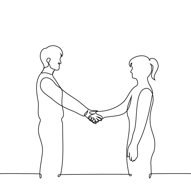 男人和女人站在对面，手牵手-一条线绘制矢量。男女之间平等、团结、共生、友谊的观念图片下载