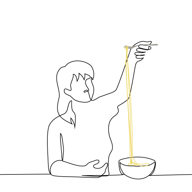 女人坐在桌边吃长面条——一条线画矢量。概念长面条图片下载