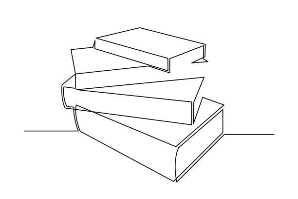 一堆堆的书，一行行的艺术，手绘的一堆笔记本连续的轮廓。极简设计，简约装饰。教育学习概念大纲。可编辑的中风。图片下载