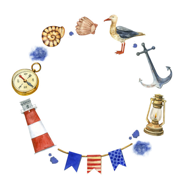 圆形框架的海洋元素灯塔，海鸥，指南针，贝壳，锚手绘水彩在白色的背景。适用于照片、明信片、婚礼请柬的设计图片下载