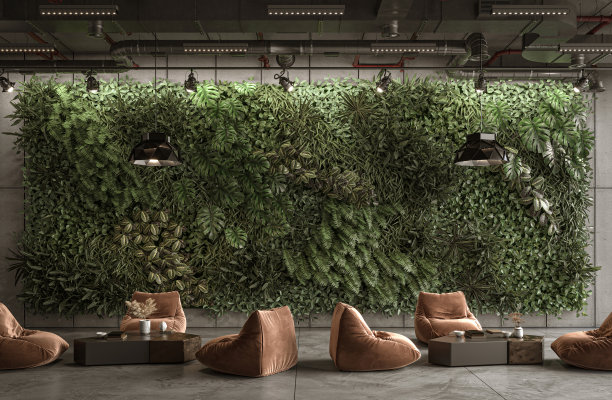 垂直绿色墙在现代室内设计，3d渲染图片下载