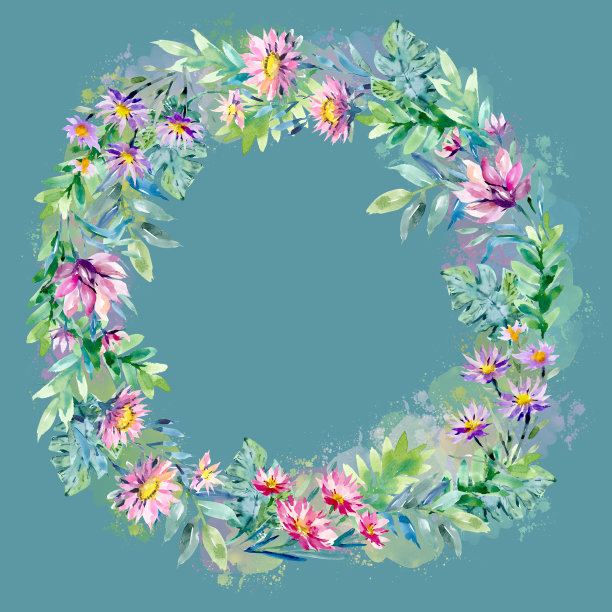 绿松石背景上的水彩粉色花朵花环图片下载