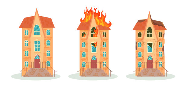 大火或地震后被毁坏的建筑物。战后被毁坏的城市建筑。残破的城市，破旧的房屋。矢量插图隔离在白色背景上。图片下载