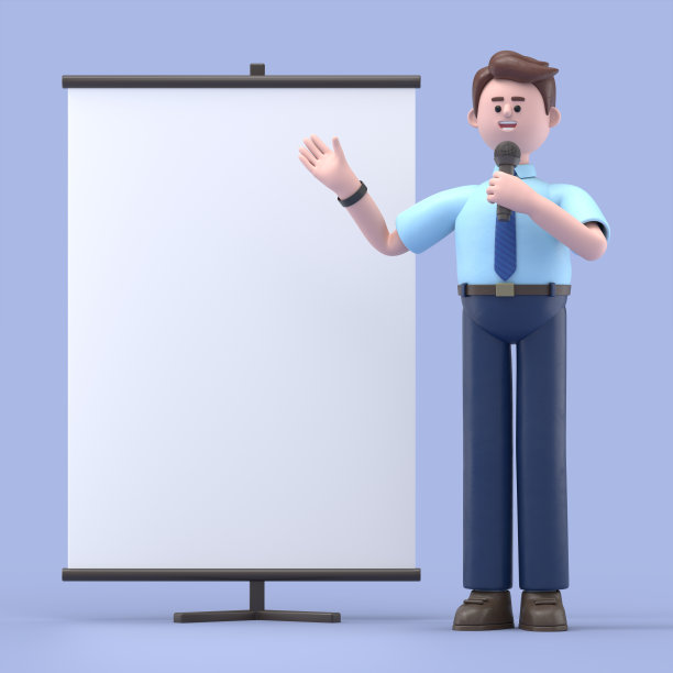 三维插图微笑的亚洲人菲利克斯与空白板作为信息，说明或广告的呈现，产品挂图模型。图片下载
