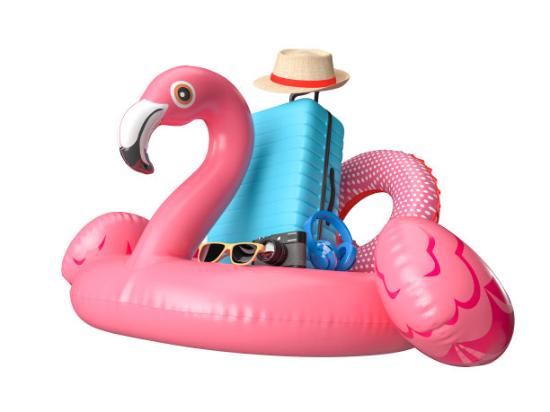 夏季旅游概念。旅游旅游行程规划世界旅行箱与火烈鸟充气和不同的配件元素的夏季度假。3d渲染图片下载