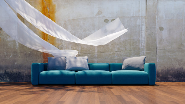 一张3座沙发的正面照片，沙发后面有一面混凝土墙。三维渲染图片下载