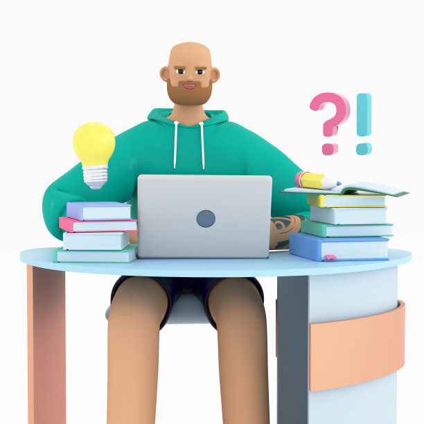 大胡子帅哥在家学习和做作业。e-learning的概念，在家在线教育。想法和问题图标。3d渲染插图。图片下载