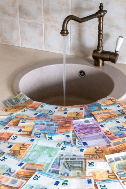 钱躺在水龙头漏水的水槽前图片下载