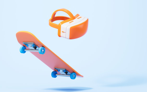 滑板和VR眼镜虚拟现实耳机，3d渲染。图片下载
