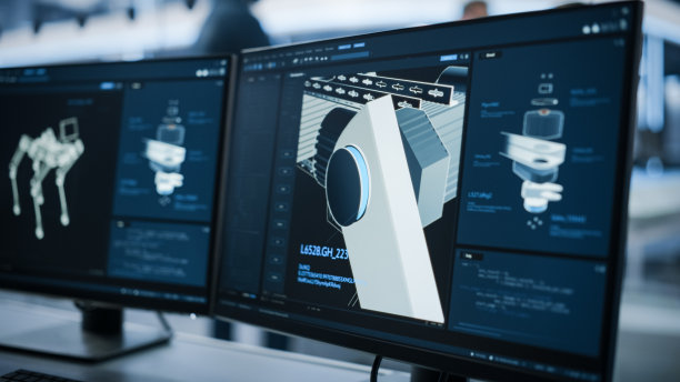高机动性机器狗项目用三维CAD软件对计算机显示器的特写。焦点转移到研发机构，工程师们在研究机器人。图片下载