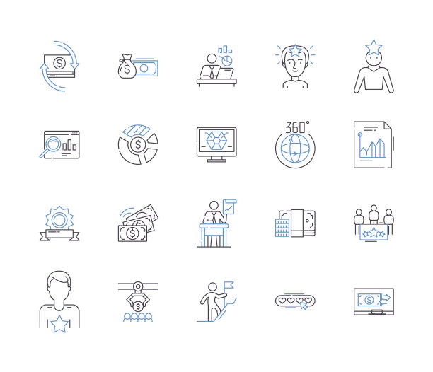 财务成就大纲图标收集。财富，繁荣，利润，储蓄，投资，资本，价值矢量和插图概念集。收入，资产，回报线性符号图片下载